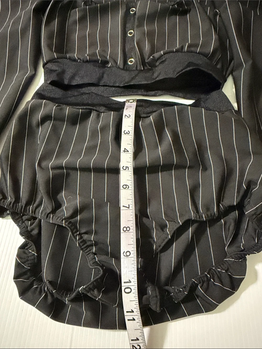 Kelle dance black pinstripe costume 2 piece trunks top POWER THREADS 2821 MA